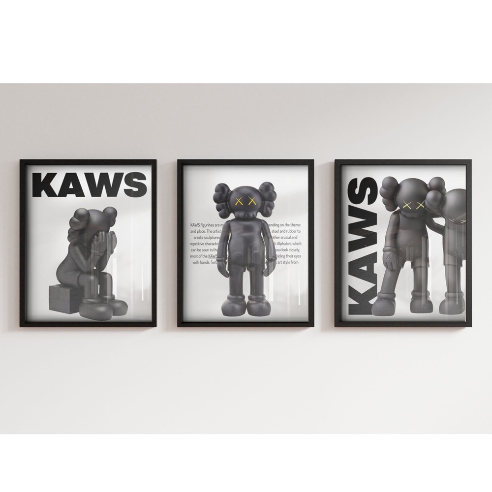 KAWS Black and Gray Companion Triptych Wall Art